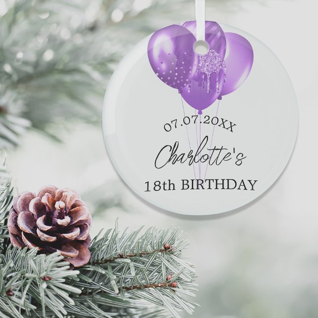 Birthday white purple balloons name glass ornament (Creator Uploaded)