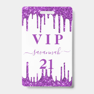 Birthday white purple glitter drips vip invitation badge