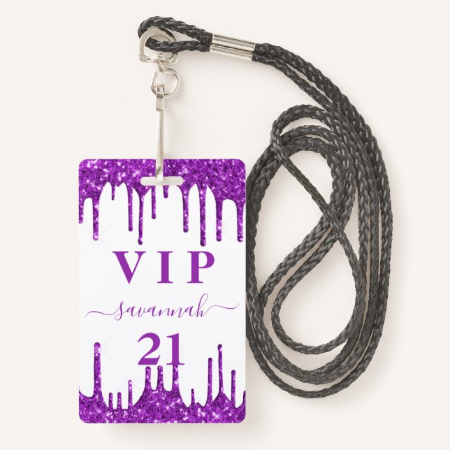 Birthday white purple glitter drips vip invitation badge (Front with Lanyard)