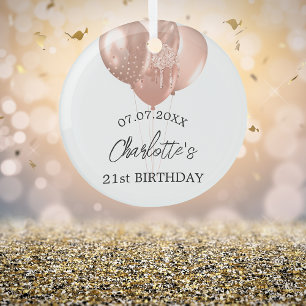 Birthday white rose gold balloons name glass ornament