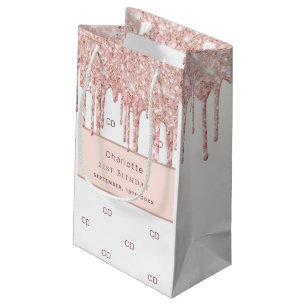Birthday white rose gold glitter custom monogram small gift bag