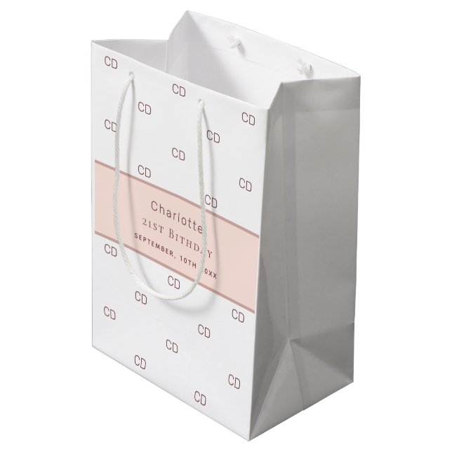 Birthday white rose gold monogram pattern modern medium gift bag (Back Angled)
