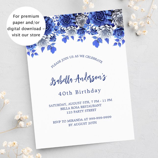 Birthday white royal blue floral budget invitation flyer (Creator Uploaded)