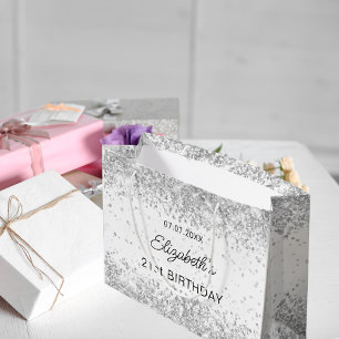 Birthday white silver confetti name large gift bag