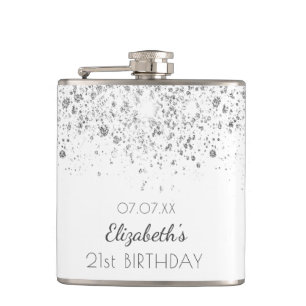 Birthday white silver glitter friends hip flask