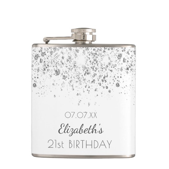 Birthday white silver glitter friends hip flask (Front)