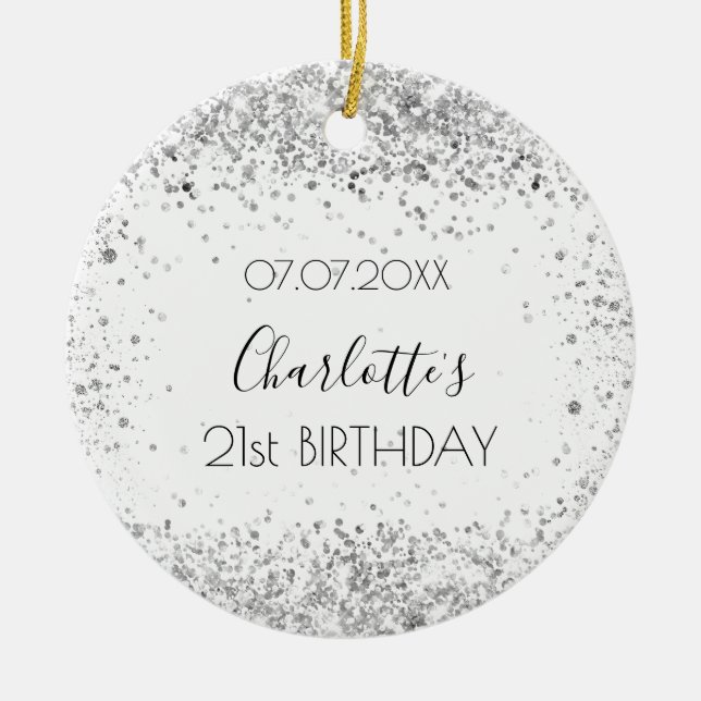 Birthday white silver glitter friends names ceramic ornament (Front)