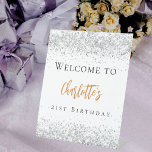 Birthday white silver glitter gold welcome pedestal sign<br><div class="desc">A welcome sign for a girly and glamourous 21st (or any age) birthday party.  A stylish white background decorated with faux silver glitter sparkles.   Personalize and add a name and age 21. Black and golden text.</div>