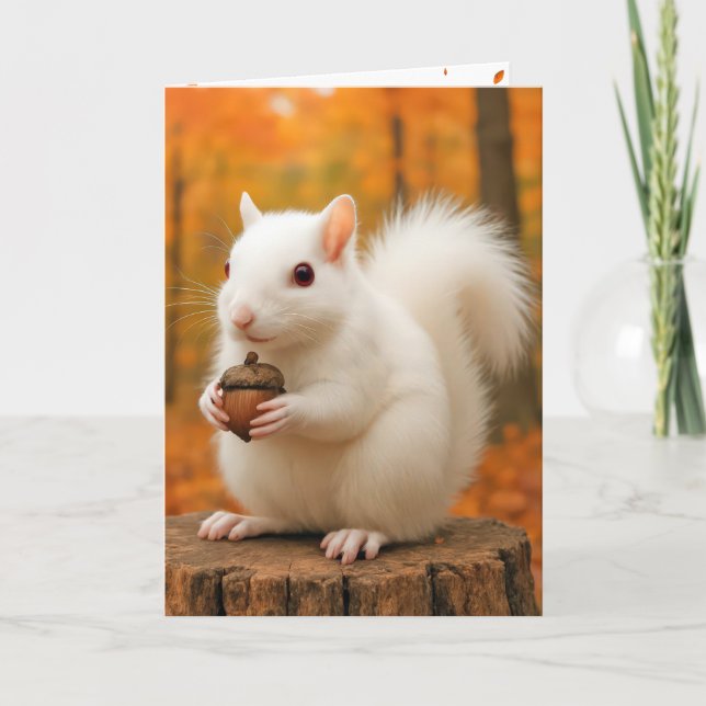 Birthday White Squirrel Holding an Acorn Card (Front)
