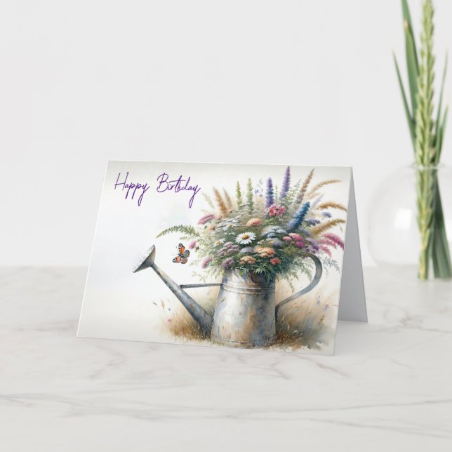 Birthday Wildflowers In Old Watering Can Card (Front)