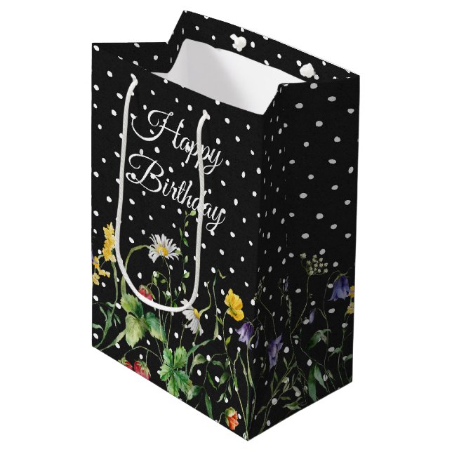 Birthday Wildflowers On Polka Dots Medium Gift Bag (Front Angled)