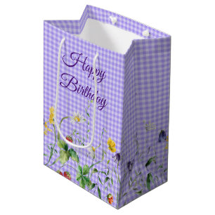 Birthday Wildflowers On Purple Gingham Medium Gift Bag