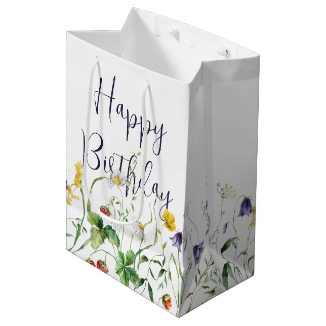Birthday Wildflowers On White Medium Gift Bag (Front Angled)
