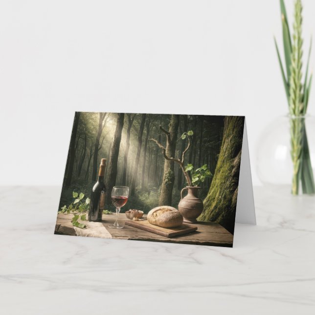 Birthday Wine and Bread Loaf On a Forest Table Card (Front)