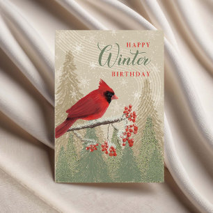 Birthday Winter Trees Berries and Cardinal  Card