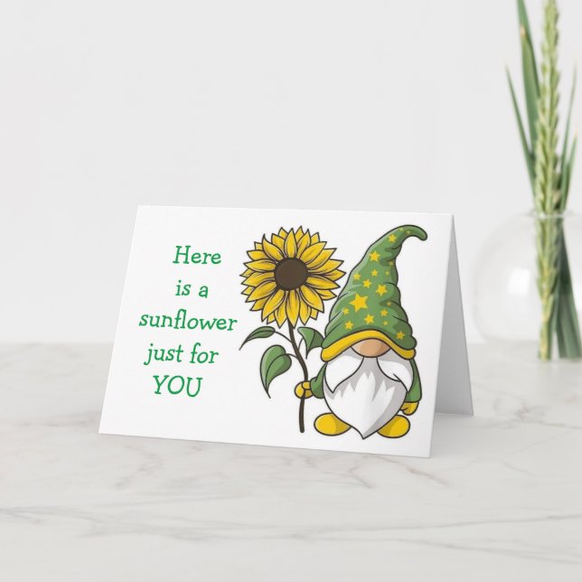 "BIRTHDAY WISH" GNOME BARING SUNFLOWER  CARD (Front)