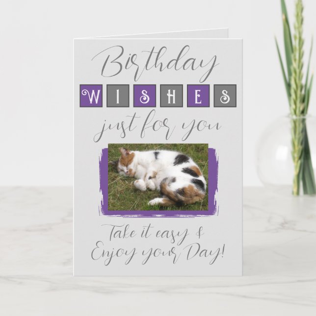 Birthday wishes add cat photo grey purple card (Front)
