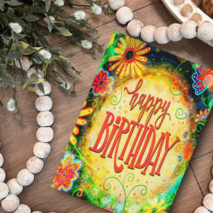 Birthday Wishes Fun Whimsical Yellow Floral Card