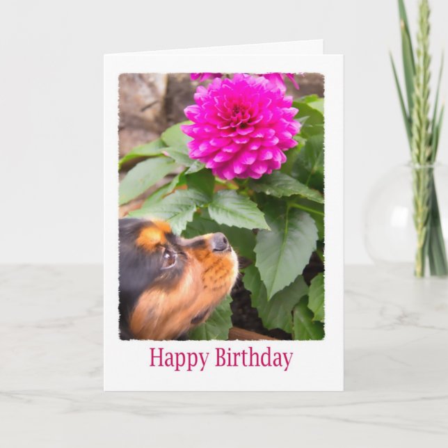 Birthday Wishes With Dahlia And Spaniel Dog Card (Front)