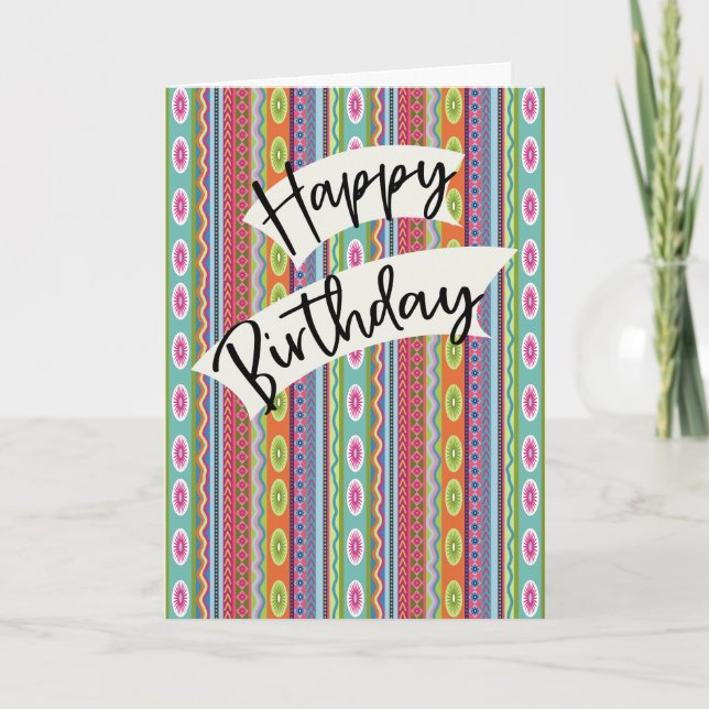 Birthday with Colorful Patterned Stripes Card (Front)