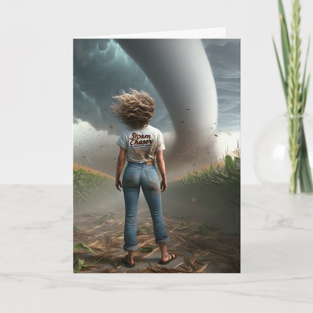 Birthday Woman Storm Chaser Watching a Tornado Card (Front)