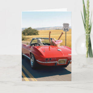 Birthday Women in a Red 1966 Corvette on Route 66 Card