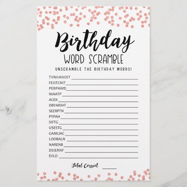 Birthday word scramble game with Answers (Front)