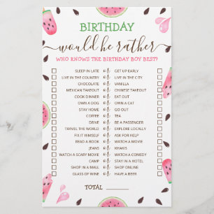 Birthday Would He Rather editable game Watermelon