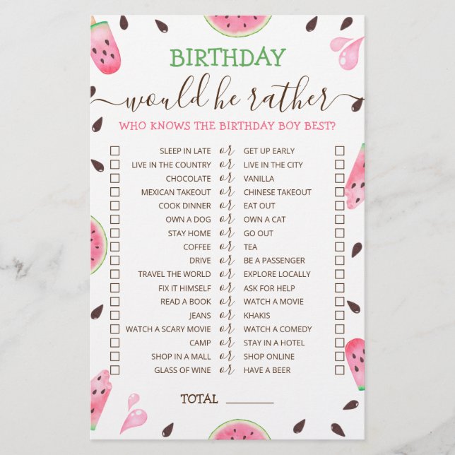 Birthday Would He Rather editable game Watermelon (Front)