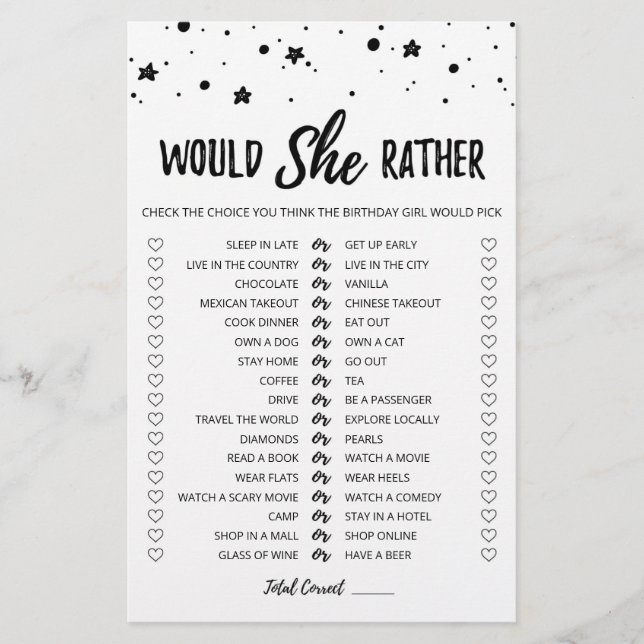 Birthday Would She Rather editable game (Front)