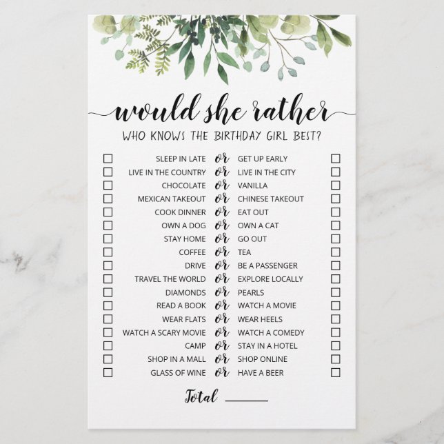 Birthday Would She Rather editable game (Front)