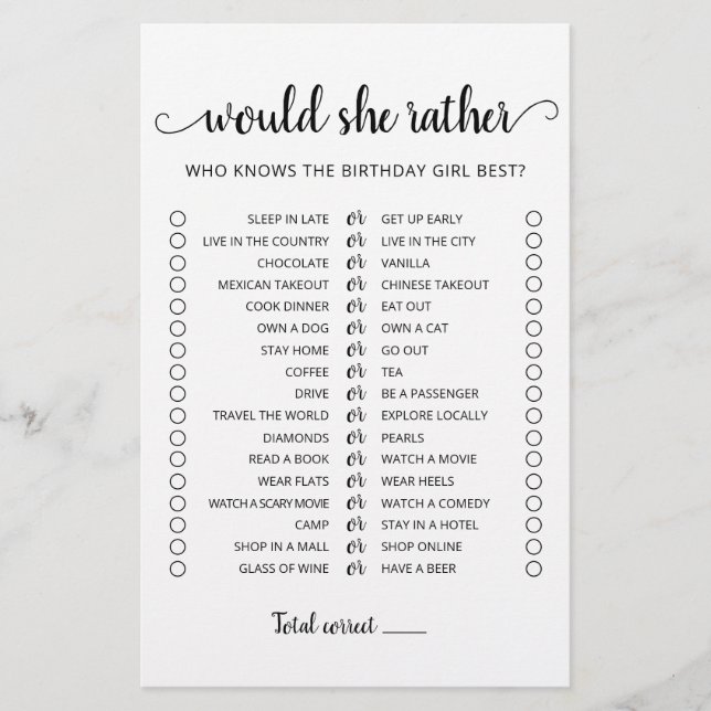 Birthday Would she Rather editable game (Front)