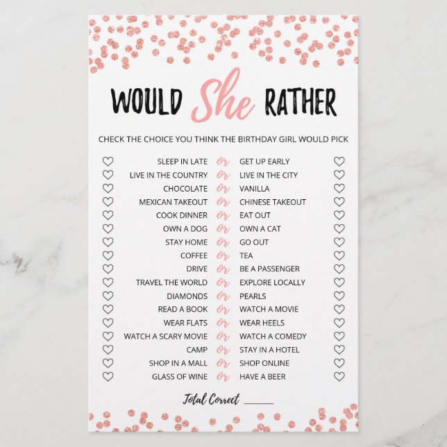 Birthday Would She Rather editable game (Front)