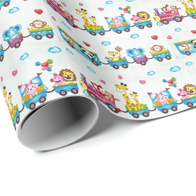 Birthday Wrapping Paper - Baby Animals on Train  (Roll Corner)