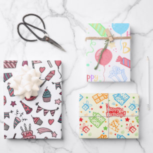 Birthday Wrapping Paper Flat Sheet Set of 3