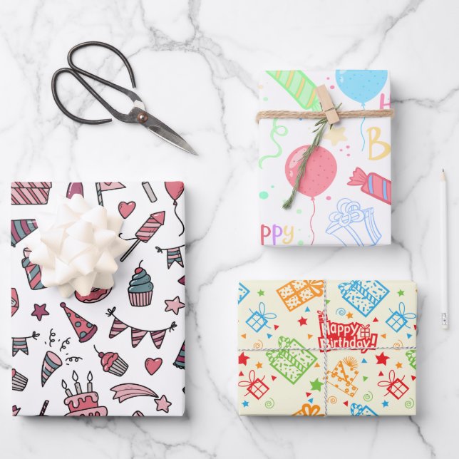 Birthday Wrapping Paper Flat Sheet Set of 3 (Front)