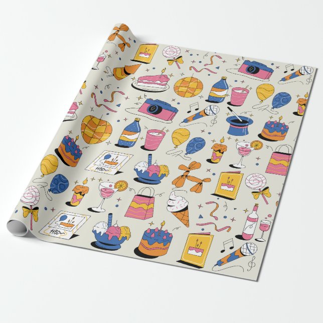 Birthday Wrapping Paper in Blue Pink Orange (Unrolled)