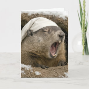 Birthday Yawning Groundhog Wearing a Nightcap Card