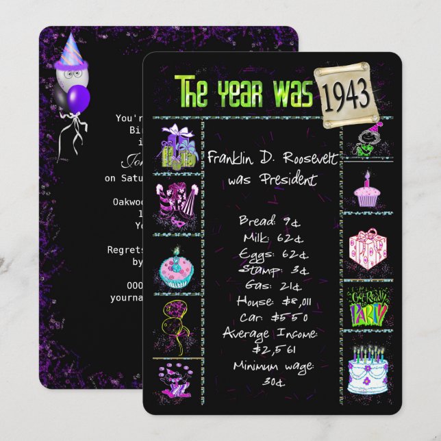 Birthday Year 1943 Party Invitation (Front/Back)