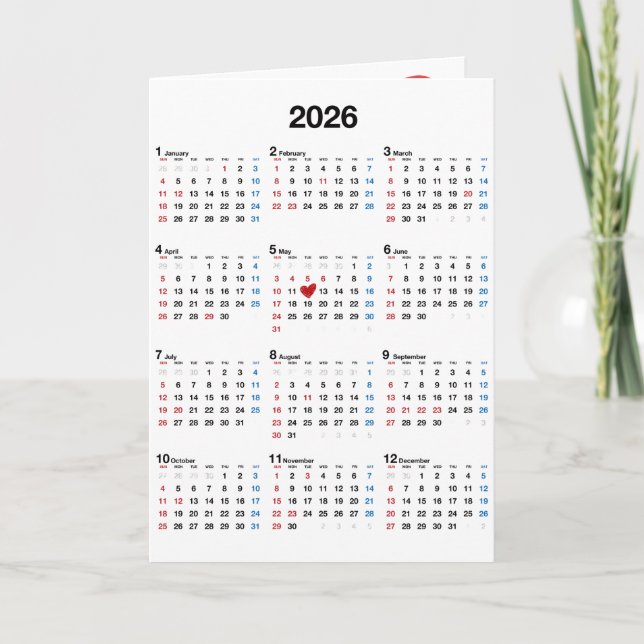 Birthday Year 2026 With Red Heart Card (Front)