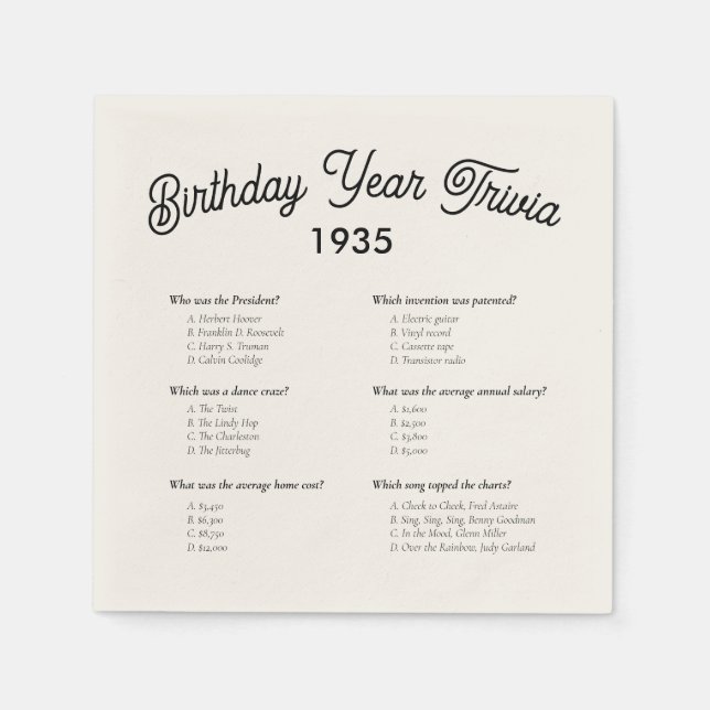 Birthday Year Trivia Game Party Napkins (Front)