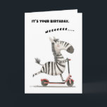 Birthday Zebra Scooter Fun Free Spirit Card<br><div class="desc">weeeeee... ..we hope their day brings lots of fun,  smiles,  laughs and joy!  Contented zebra sails happily on his/her scooter having a great time.  This card wishes the birthday gal or guy a great time,  too.  We left it blank inside for your personal message.  Thank you for your interest.</div>