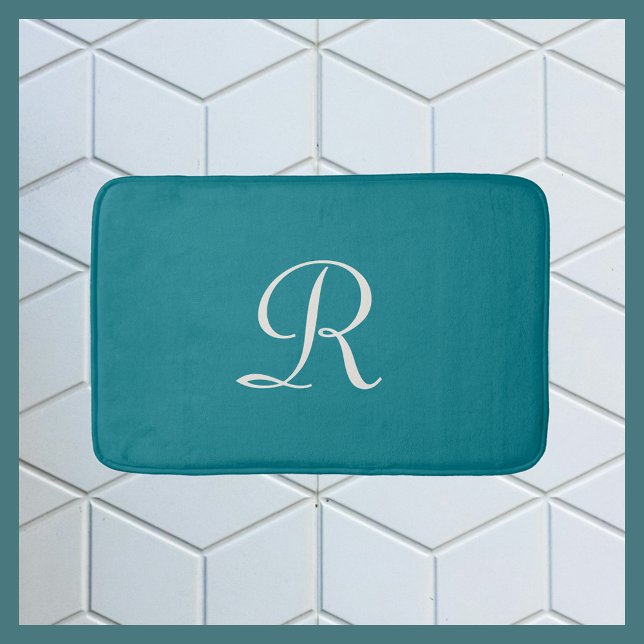 Biscay Bay Blue Trendy Monogrammed Plush Bath Mat (Creator Uploaded)