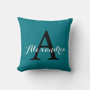 Biscay Bay Elegant Teal Solid Colour Monogram Throw Pillow