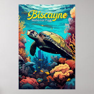 Biscayne National Park Turtle Illustration Retro Poster