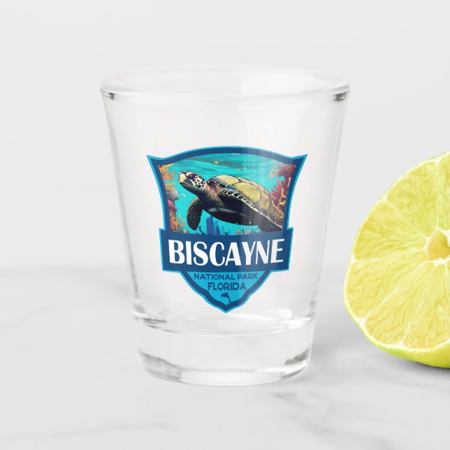 Biscayne National Park Turtle Illustration Retro Shot Glass (Front)