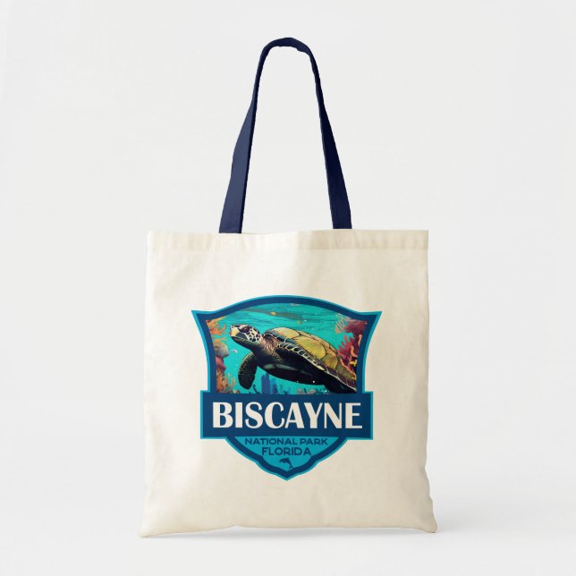 Biscayne National Park Turtle Illustration Retro Tote Bag (Front)