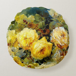 Bischoff - Roses (yellow), fine art painting, Round Pillow