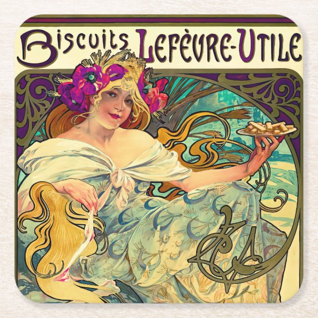 Biscuits Lefevre-Utile by Alphonse Mucha (1896) Square Paper Coaster (Front)