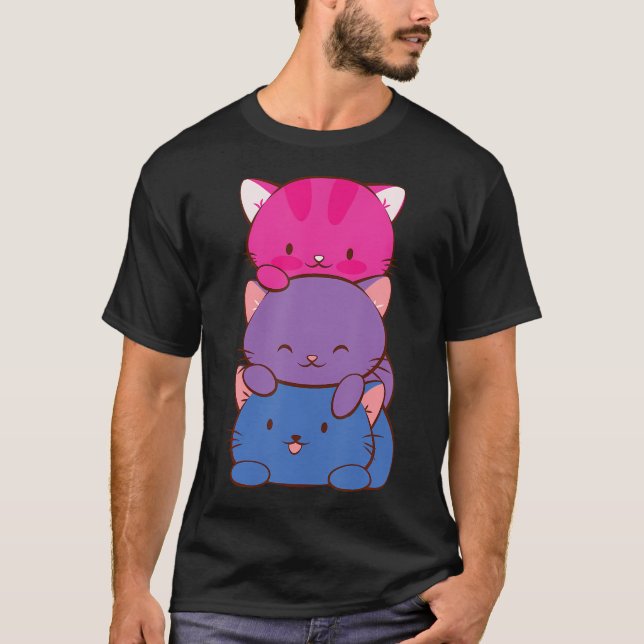 Bisexual Pride Kawaii Kitty Cat Stack Anime T-Shirt (Front)